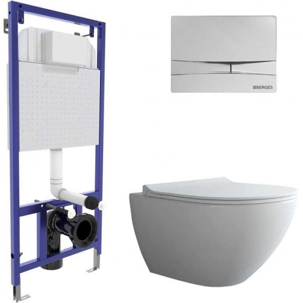 Комплект инсталляция с унитазом Berges NOVUM, кнопка F3, унитаз PUMA Rimless 51 см, сидение дюропласт Toma Slim SO (043269)