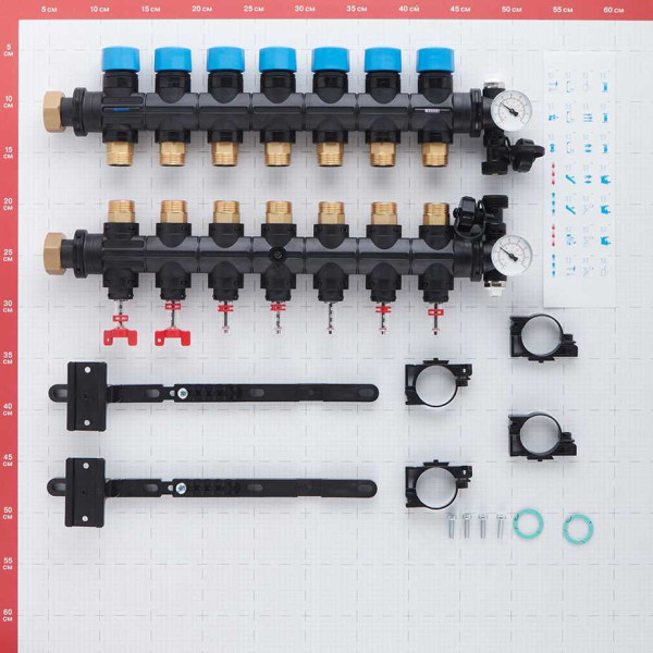 Коллекторная группа 7 отводов 1" с расходомерами и термометрами Henco (композит) (UFH-0605MDK07-03L)