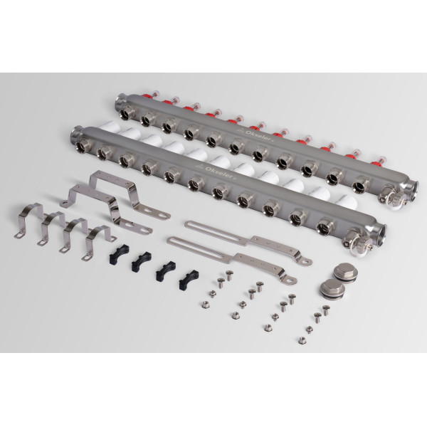 Коллекторная группа 11 отводов 1"*3/4"(18) ЕК с расходомерами Okseler (нерж.ст) с дренажным краном и краном Маевского (Oks00321)