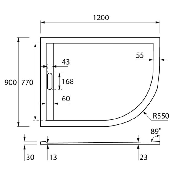 Душевой поддон из искусственного мрамора Cezares 120x90x3 белый (TRAY-AS-RH-120/90-550-3-W-L)