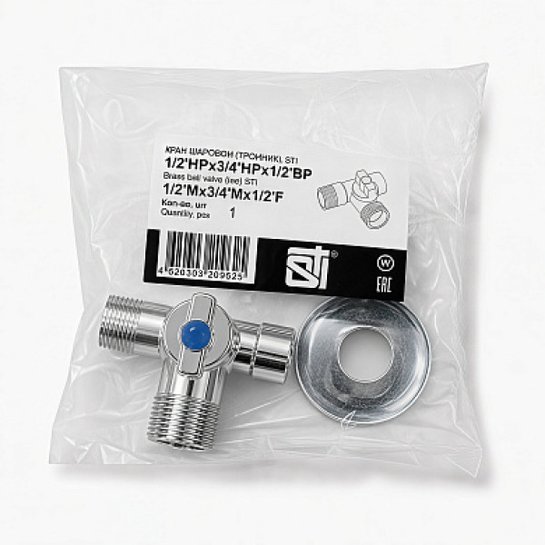 Кран шаровый STI 1/2"НРх3/4"НРх1/2"ВР проходной (хром) ТТ000020305