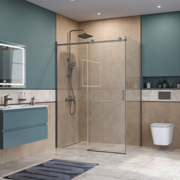 Душевой уголок BelBagno Soft Close-2 140x100x200 стекло прозрачное, профиль оружейная сталь матовая (SOFT_CLOSE-2-AH-1-140/100-C-GM)