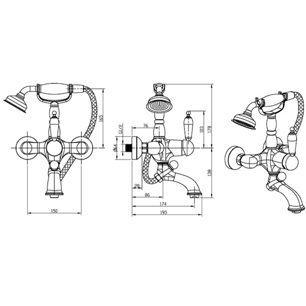 Смеситель для ванны и душа Boheme Imperiale Ripresa с душевым гарнитуром золотой (323) Смеситель для ванны и душа Boheme Imperiale Ripresa с душевым гарнитуром золотой (323)