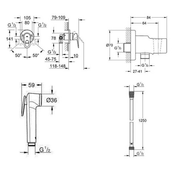 Комплект для гигиенического душа Grohe Bauloop встраиваемый смеситель, шланг, хром (124895)