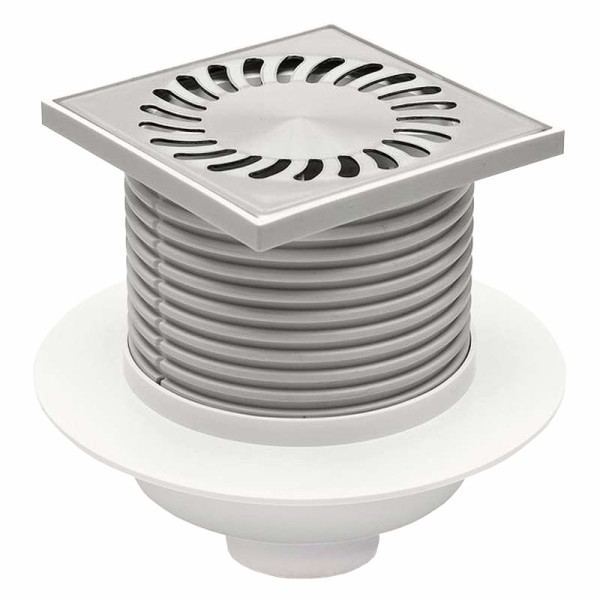 Трап MCH для пола с нижним сливом D50 решетка и рамка нерж. 122х122 c воротником нептун