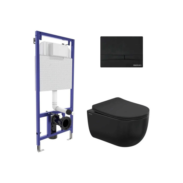 Комплект инсталляция с унитазом Berges: инсталляция Novum525, кнопка F5 soft touch черный, унитаз Ventas Black, сиденье с soft-close (043326)