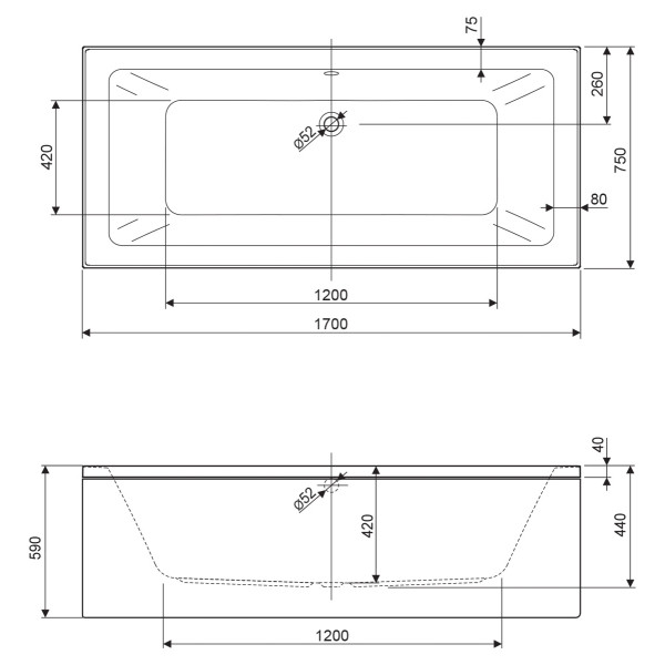 Ванна акриловая Cezares Plane Mini 170x75x59 белый (PLANE MINI-170-75-42-W37)