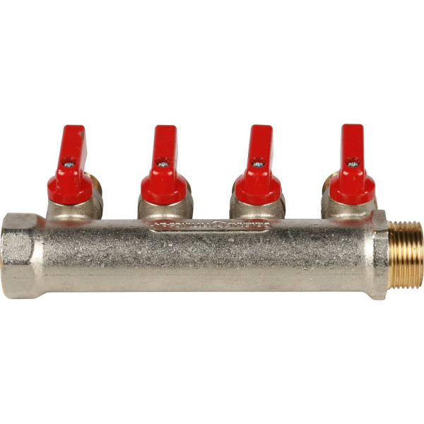 Коллектор 4 отвода с шаровыми клапанами 3/4"x1/2"(16) Stout (латунь, красные ручки) (SMB-6200-341204) Коллектор 4 отвода с шаровыми клапанами 3/4"x1/2"(16) Stout (латунь, красные ручки) (SMB-6200-341204)
