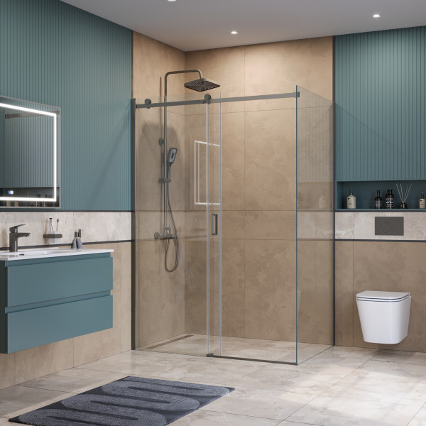 Душевой уголок BelBagno Soft Close-2 150x90x200 стекло прозрачное, профиль оружейная сталь матовая (SOFT_CLOSE-2-AH-1-150/90-C-GM)