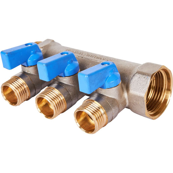 Коллектор 3 отвода с шаровыми клапанами 1"x1/2"(16) Stout (никель, синие ручки) (SMB-6211-011203) Коллектор 3 отвода с шаровыми клапанами 1"x1/2"(16) Stout (никель, синие ручки) (SMB-6211-011203)