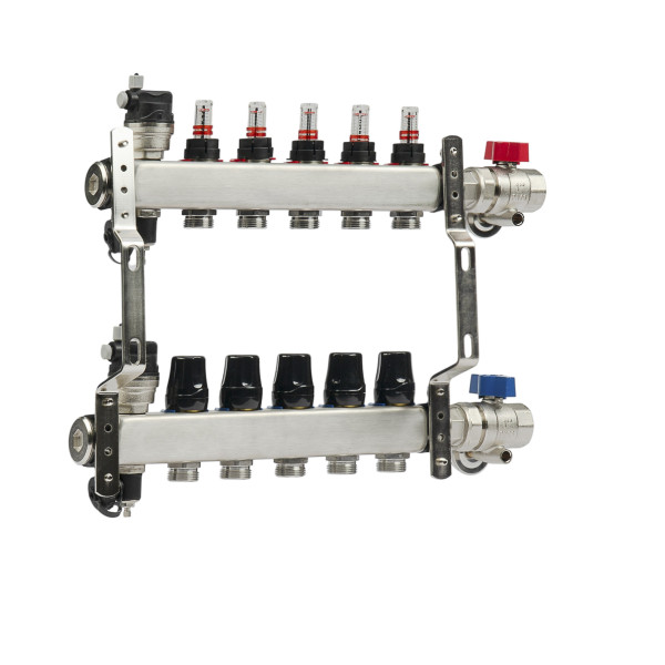 Коллекторная группа 5 отводов 1"*3/4"(18) ЕК с расходомерами Okseler (нерж.ст) с автоматическими воздухоотводчикоми и шаровыми кранами с термометрами