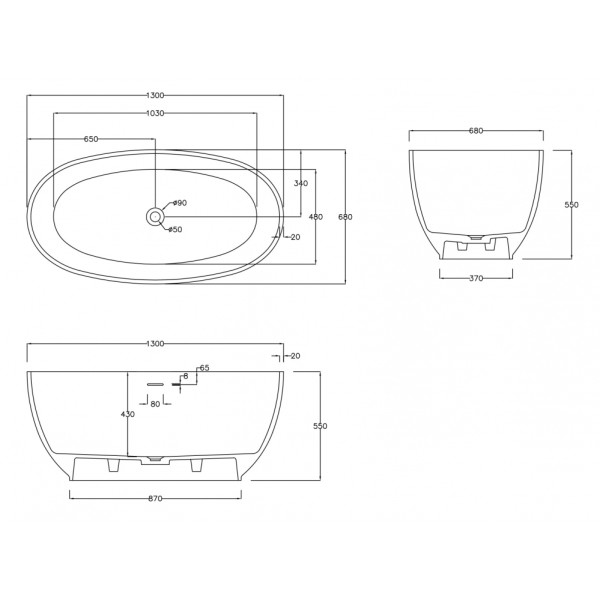 Ванна из искусственного камня Abber Stein 130x68 белая матовая (AS9641-1.3)