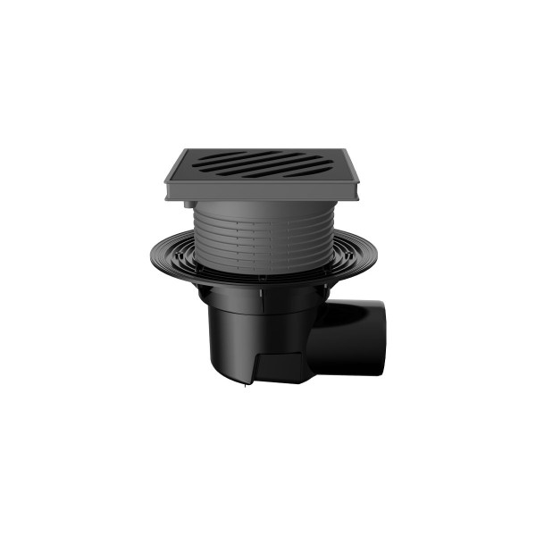 Трап регулируемый Fachmann T 615.0 PNsP 241x241 горизонтальный выпуск DN 110 с корзинкой и незамерзающим гидрозатвором, без прижимного фланца, решетка