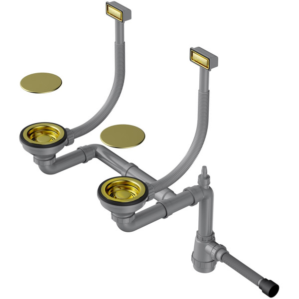 Сифон для двухчашевых моек Omoikiri с прямоугольными переливами, декоративными решетками и декоративными накладками WK-2C-LG светлое золото (4956497)