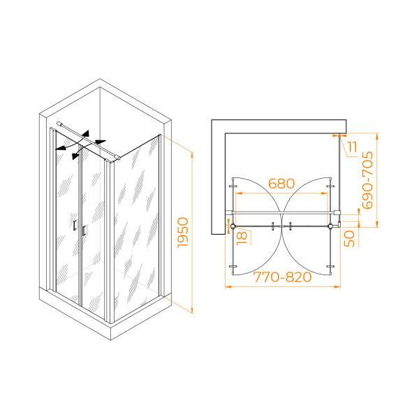 Душевой уголок RGW PA-144B (PA-104B+Z-050-2B+O-104B) 800x700 стекло прозрачное, профиль черный (060814487-014)