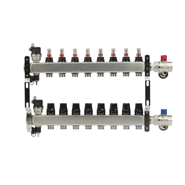 Коллекторная группа 8 отводов 1"*3/4"(18) ЕК с расходомерами Okseler (нерж.ст) с автоматическими воздухоотводчикоми и шаровыми кранами с термометрами