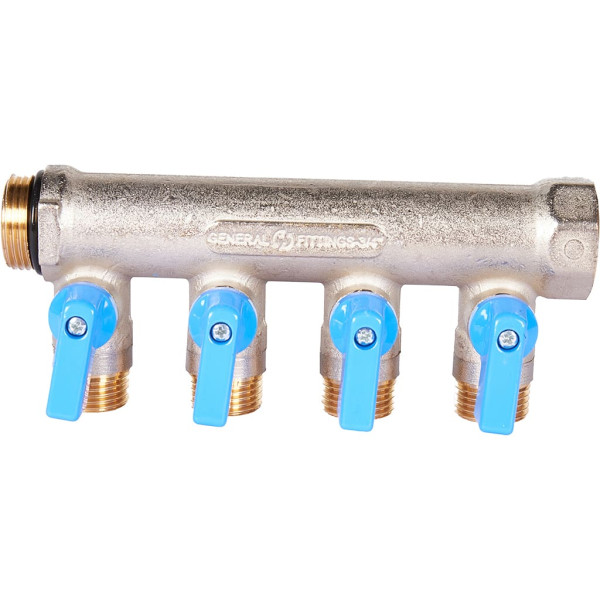 Коллектор 4 отвода с шаровыми клапанами 3/4"x1/2"(16) Stout (никель, синие ручки) (SMB-6211-341204)
