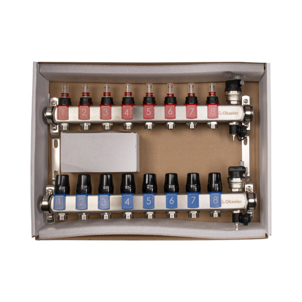 Коллекторная группа 8 отводов 1"*3/4"(18) ЕК с расходомерами Okseler (нерж.ст) с автоматическими воздухоотводчикоми и шаровыми кранами с термометрами