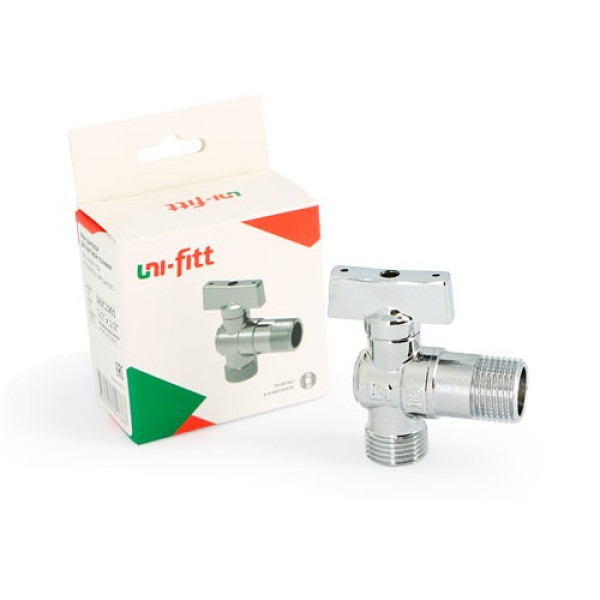 Кран угловой 1/2"х1/2" НН шаровый Uni-Fitt (хром. латунь, рукоятка алюминий) 180C2001 Кран угловой 1/2"х1/2" НН шаровый Uni-Fitt (хром. латунь, рукоятка алюминий) 180C2001