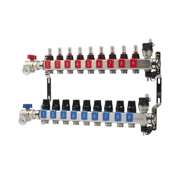 Коллекторная группа 9 отводов 1"*3/4"(18) ЕК с расходомерами Okseler (нерж.ст) с автоматическими воздухоотводчикоми и шаровыми кранами с термометрами