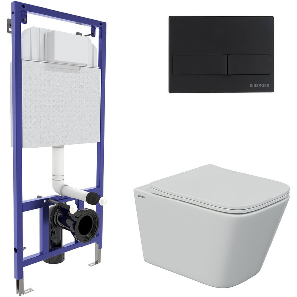 Комплект инсталляция с унитазом Berges Novum525 c с кнопкой L5 черная Soft Touch, унитаз FLOE S Rimless, сиденье Floe S Slim SO (043243)