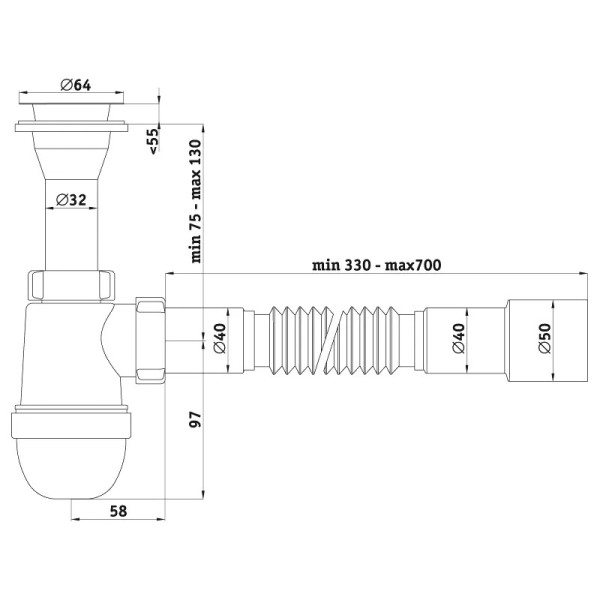 Сифон 32 мм. (1 1/4"*40 мм.) бутылочный АНИ с литым выпуском 1 1/4"*65 мм., с гибкой трубой 40*40/50 АНИ пласт (C2015) Сифон 32 мм. (1 1/4"*40 мм.) бутылочный АНИ с литым выпуском 1 1/4"*65 мм., с гибкой трубой 40*40/50 АНИ пласт (C2015)