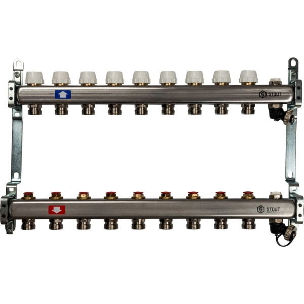 Коллекторная группа 9 отводов 1"x3/4"(18)EK без расходомеров, с клапаном вып. воздуха и сливом Stout (нерж.сталь) (SMS-0932-000009)