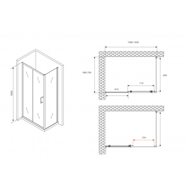 Душевой уголок Abber Schwarzer Diamant 70x70x190 стекло прозрачное, профиль черный (AG30140B5-S70B5)