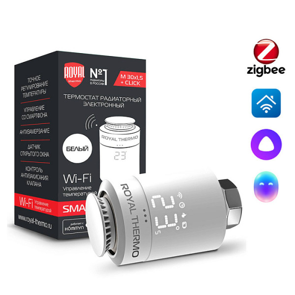 Головка термостатическая М30х1,5 (+click) Royal Thermo Smart Heat электронная (белая) (RTE 77.001) Головка термостатическая М30х1,5 (+click) Royal Thermo Smart Heat электронная (белая) (RTE 77.001)