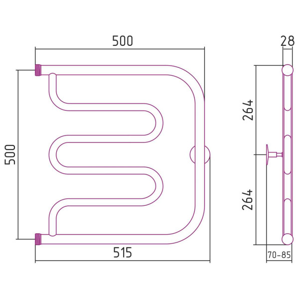 Полотенцесушитель водяной Стиле Тандем 500х500 резьба-сгон 1 хром (00011-5050)