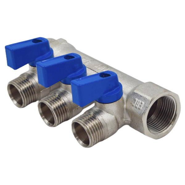 Коллектор 3 отвода с шар. клапанами 1х1/2"(16) Okseler (никель) (oks00405)