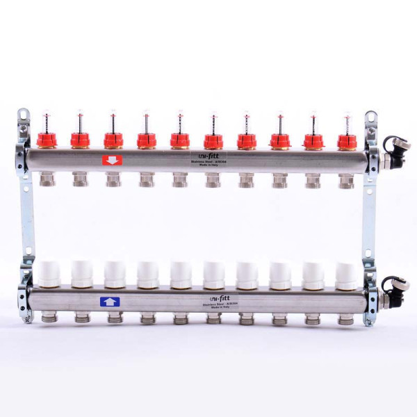 Коллекторная группа Uni-Fitt 10 отводов 1"х3/4" с расходомерами и термостатическими вентилями нерж. сталь