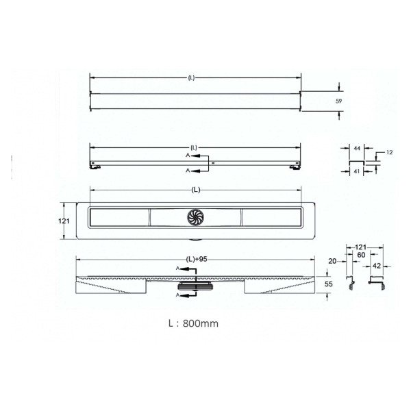 Желоб Berges водосток C1 Norma 800, матовый хром, S-сифон D50 H60 боковой (090139)