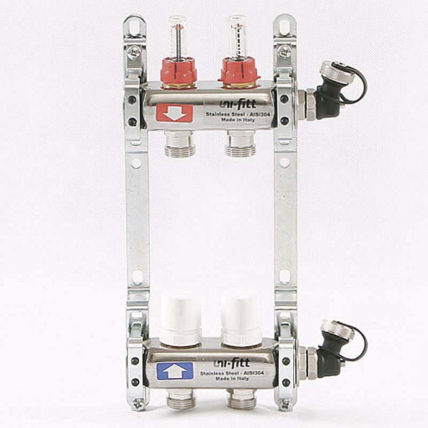 Коллекторная группа Uni-Fitt 2 отвода 1"х3/4" с расходомерами и термостатическими вентилями нерж. сталь