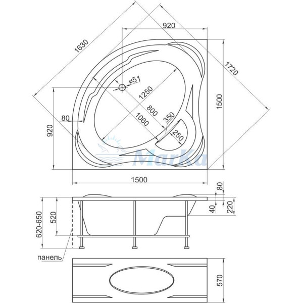 Ванна акриловая 1MarKa Palermo 150х150 без гидромассажа