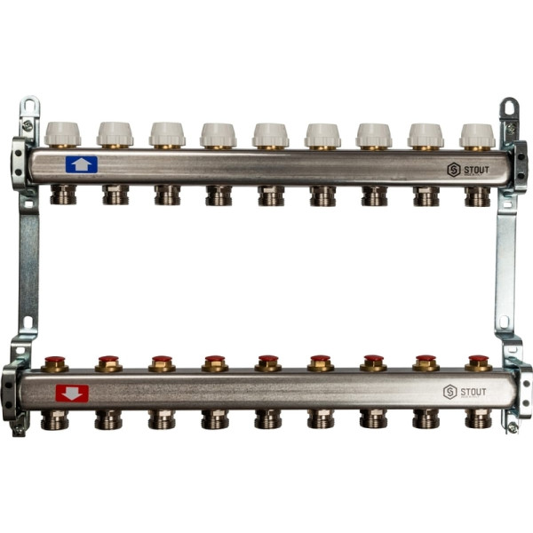 Коллекторная группа 9 отводов 1"x3/4"(18)EK без расходомеров Stout (нерж.сталь) (SMS-0922-000009)