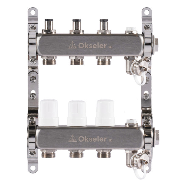 Коллекторная группа 3 отвода 1"*3/4"(18) ЕК с регулировочными клапанами Okseler (нерж.ст) с дренажным краном и краном Маевского (Oks00302)