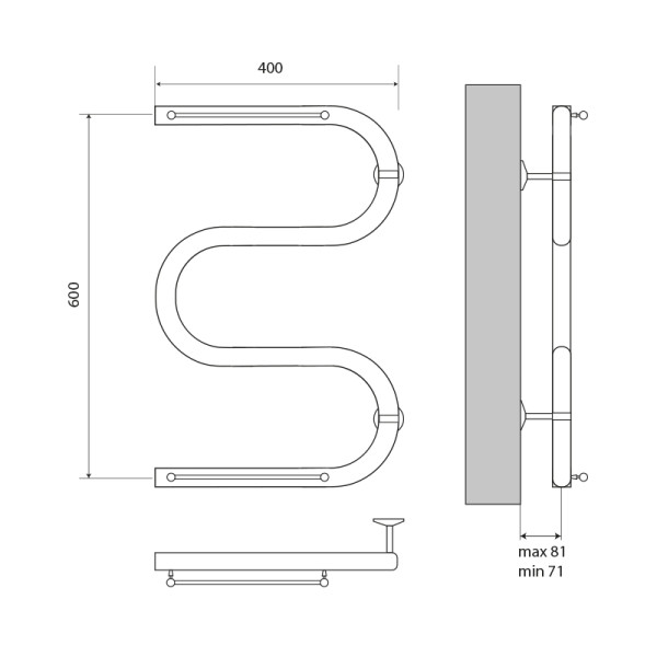 Полотенцесушитель водяной Melodia Simple Shelf М-образный б/кронштейна 60х40х1" с полкой (MTRSS6040)