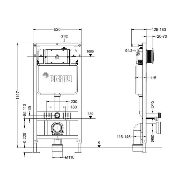 Инсталляция для подвесного унитаза РЕХАУ NovaFlow с клавишей смыва Nova Ellipse 001 с овальными клавишами, пластик, хром, глянцевый (19101091001)