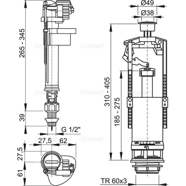 Арматура для смывного бачка AlcaPlast 1/2", 1-уровневая, с донным клапаном (SA2000SK 1/2" CHROM)