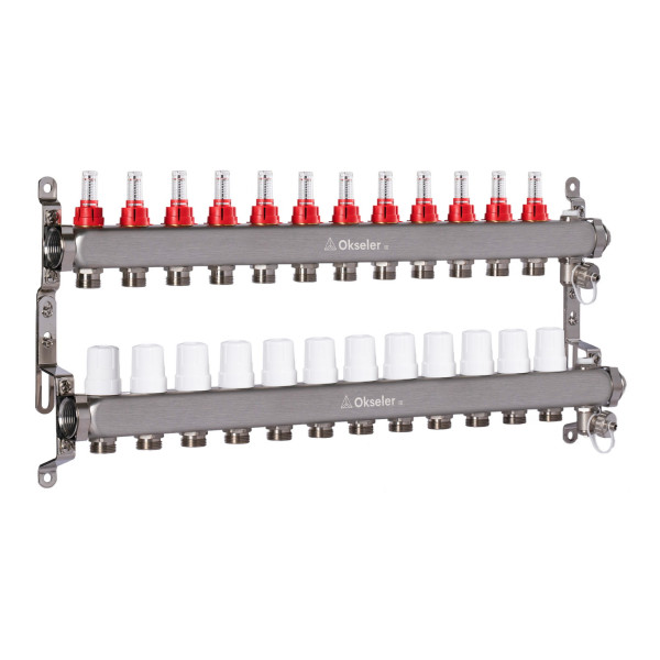 Коллекторная группа 12 отводов 1"*3/4"(18) ЕК с расходомерами Okseler (нерж.ст) с дренажным краном и краном Маевского (Oks00322)
