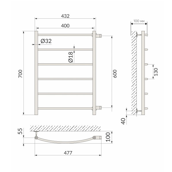Полотенцесушитель водяной Indigo Arc 550x780 graphite metallic к-2 (LASW70-40GFM-б/п-60)