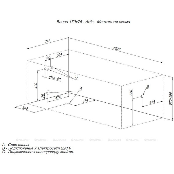 Ванна акриловая Aquanet Artis 170x75x64 белая (362844) Ванна акриловая Aquanet Artis 170x75x64 белая (362844)