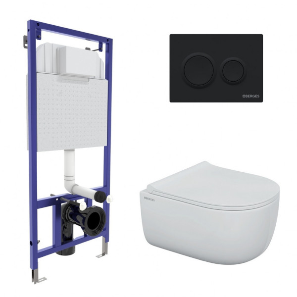 Комплект инсталляция с унитазом Berges: инсталляция Novum525, кнопка O5 черная SoftTouch, унитаз Ego Rimless, сиденье с soft-close (043311) Комплект инсталляция с унитазом Berges: инсталляция Novum525, кнопка O5 черная SoftTouch, унитаз Ego Rimless, сиденье с soft-close (043311)