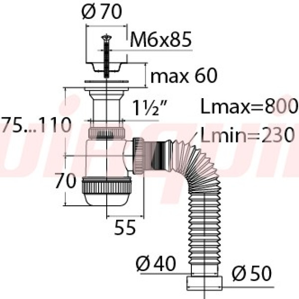 Сифон для раковины Wirquin Мини Элит 1 1/2"x40/50 мм. L800 чаша 63 мм, с отводом (30980679)