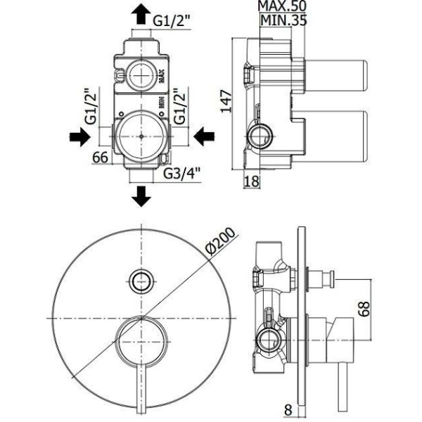 Смеситель для ванны и душа Paffoni Light с внутренней частью, хром (LIG015CR)