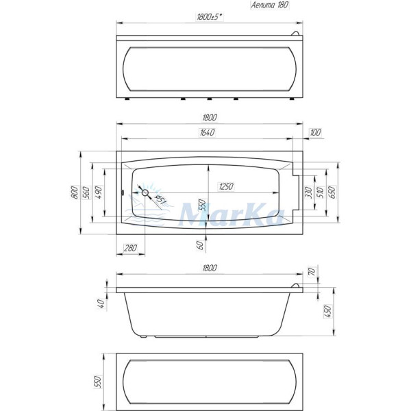 Ванна акриловая 1Marka Aelita 180x80 белая (01ае1880)