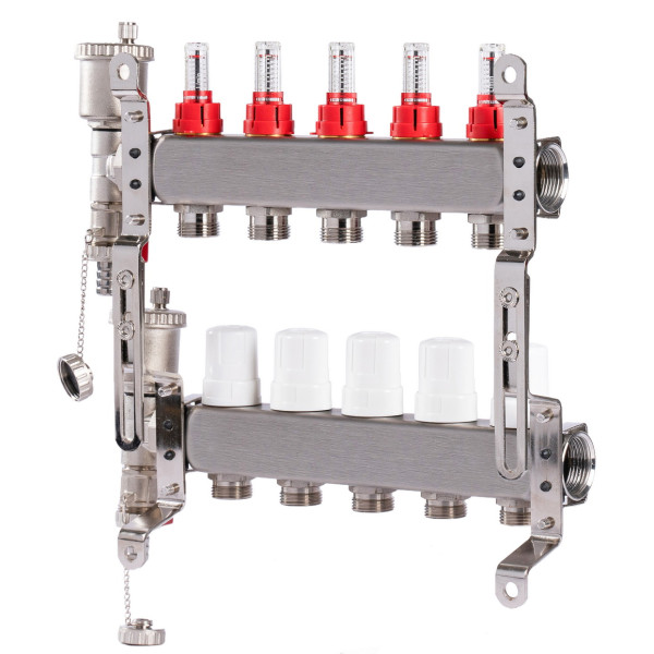 Коллекторная группа 5 отводов 1"*3/4"(18) ЕК с расходомерами Okseler (нерж.ст) с автоматическим воздухоотводчиком и спускным краном (Oks00343)