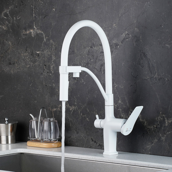Смеситель для кухни Lemark Bronx с выводом для питьевой воды, гибкий излив белый матовый (LM3761MW) Смеситель для кухни Lemark Bronx с выводом для питьевой воды, гибкий излив белый матовый (LM3761MW)