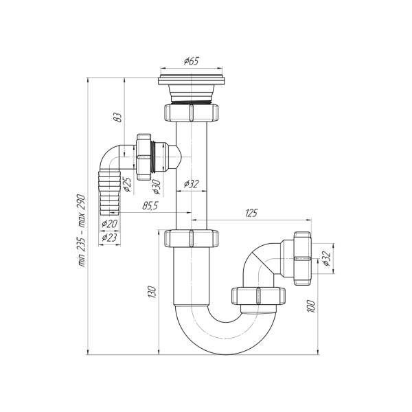 Сифон 32 мм. трубный АНИ с выпуском 1 1/4"*65 мм., с отводом для стир.машины АНИ пласт (DB1300)